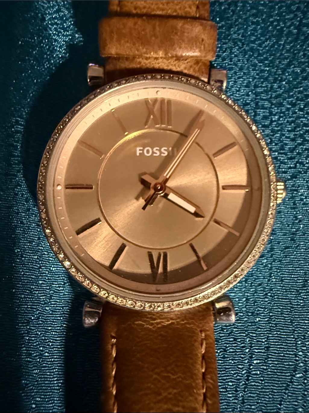 Fossil Womens Brown Leather Strap Watch With Rose Gold Dial And Crystal Bezel